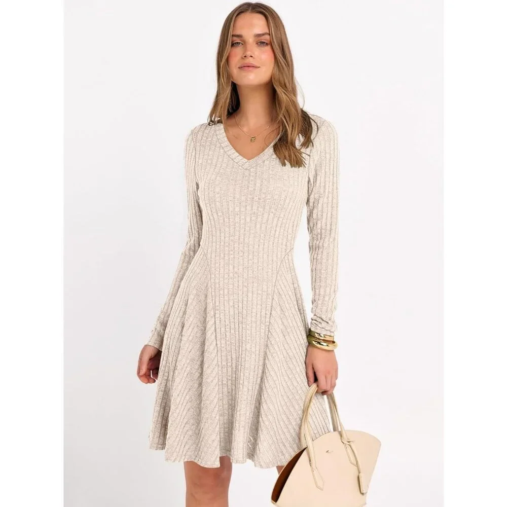 Women's Long Sleeve Ribbed Knit Short Dresses V Neck Swing Sweater Dress Beige - Picture 6 of 7